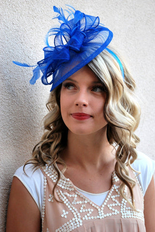 The Kenni Royal Blue Fascinator, Tea Party Hat, Church Hat, Derby Hat, Fancy Hat, High Tea Hat, wedding hat, Blue Fascinator, womens hat - The Hat Hive