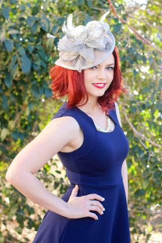 The Kenni Silver Gray Fascinator, Womens Tea Party Hat, Church Hat, Derby Hat, Fancy Hat, Silver Hat, Tea Party Hat, wedding hat - The Hat Hive