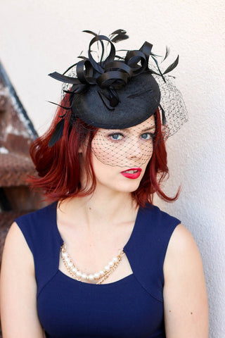The Madelyn Black Fascinator with veil, Women's Tea Party Hat, Church Hat, Derby Hat, Fancy Hat, Black Hat, Tea Party Hat, wedding hat - The Hat Hive