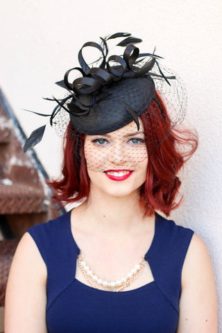 The Madelyn Black Fascinator with veil, Women's Tea Party Hat, Church Hat, Derby Hat, Fancy Hat, Black Hat, Tea Party Hat, wedding hat - The Hat Hive