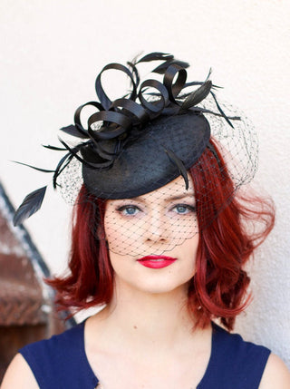 The Madelyn Black Fascinator with veil, Women's Tea Party Hat, Church Hat, Derby Hat, Fancy Hat, Black Hat, Tea Party Hat, wedding hat - The Hat Hive