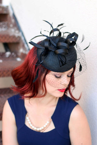 The Madelyn Black Fascinator with veil, Women's Tea Party Hat, Church Hat, Derby Hat, Fancy Hat, Black Hat, Tea Party Hat, wedding hat - The Hat Hive