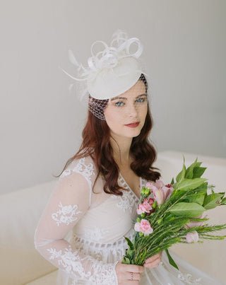The Madelyn Fascinator, light ivory Fascinator with Veil, Women's Tea Party Hat, Church Hat, Derby Hat, Fancy Hat, wedding hat, British Hat - The Hat Hive