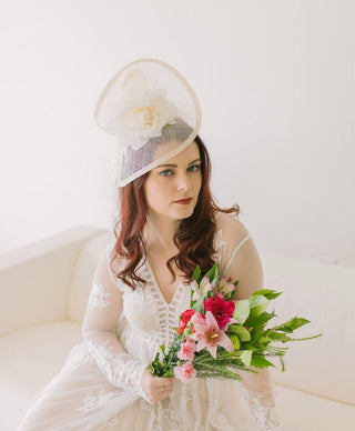 The Nicolle Ivory Fascinator, Womens Tea Party Hat, Hat with Veil, Church Hat, Derby Hat, Fancy Hat, Ivory Hat, Tea Party Hat, wedding hat - The Hat Hive