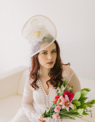 The Nicolle Ivory Fascinator, Womens Tea Party Hat, Hat with Veil, Church Hat, Derby Hat, Fancy Hat, Ivory Hat, Tea Party Hat, wedding hat - The Hat Hive