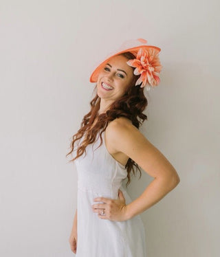 THH003 Coral flower Fascinator, Womens Tea Party Hat, Church Hat, Derby Hat, Fancy Hat, Bachelorette Hat, Tea Party Hat, wedding hat - The Hat Hive