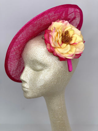 THH036 Pink Fascinator with Yellow Rose, Pink Derby Hat, Womens Tea Party Hat, Church Hat, Derby Hat, Fancy Hat, Royal Hat, Tea Party Hat, - The Hat Hive