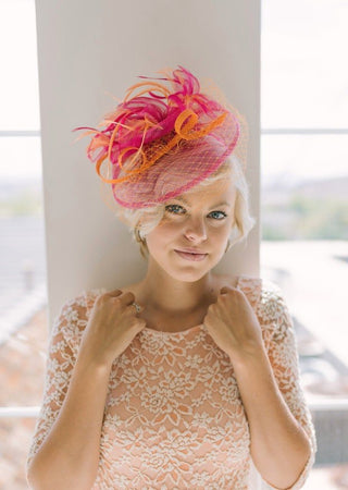 Vibrant Orange & Fuchsia Fascinator on headband – Ideal for Weddings, garden parties & Races - The Hat Hive
