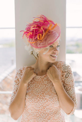 Vibrant Orange & Fuchsia Fascinator on headband – Ideal for Weddings, garden parties & Races - The Hat Hive