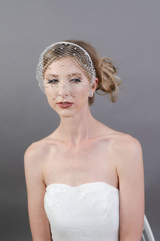 White Veil with Rhinestones on headband , Tea Party Hat, Bridal wedding hat, Formal Hair Piece, Woman's Hair Clip, Women's Tea Party Hat - The Hat Hive